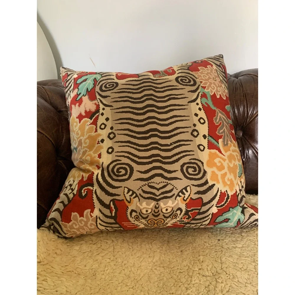 Tibetan Tiger Tapestry Throw Pillow Red Floral Woven Accent Decor 22x22